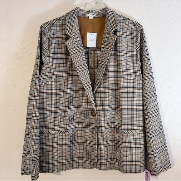 J JILL Jacket Blazer Houndstooth Plaid Tan Navy Oversized Trendy Size L NWT - Picture 14 of 14